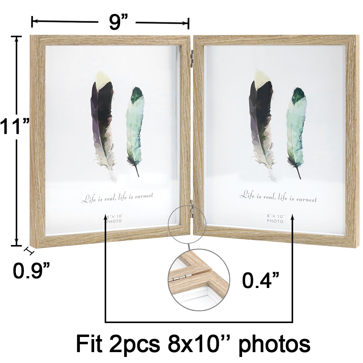 8x10 Picture Frames Double Hinged MDF Wood Wood Grain Shadow Box with Glass Front Stand Vertical on Tabletop