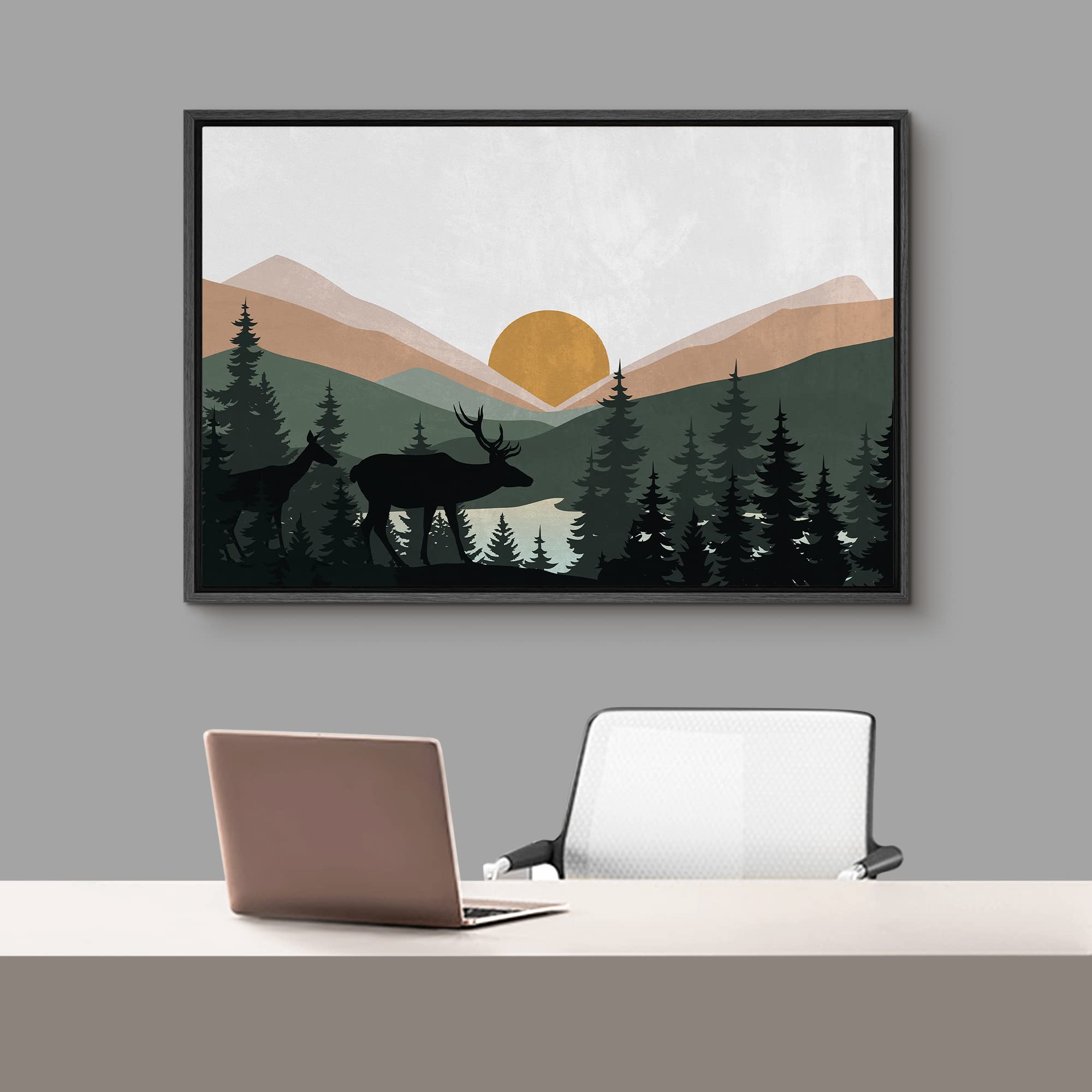 Signford Framed Canvas Print Wall Art Woodland Nursery Decor Sunlight Mountain Pine Forest Lake Nature Wilderness Modern Art Dec