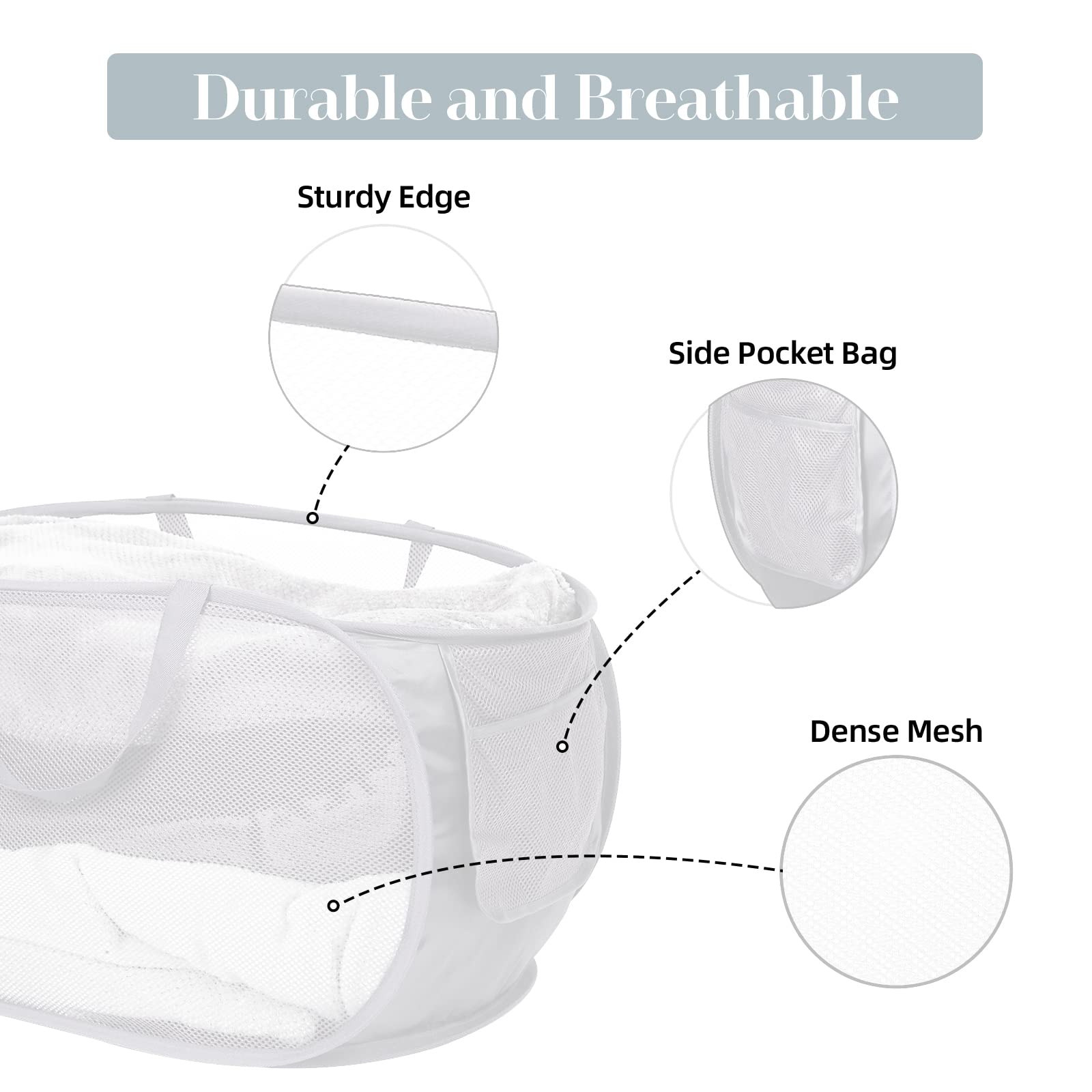 Strong Mesh Pop Up Laundry Basket, Collapsible Laundry Hamper With Side Pocket, Foldable Clothes Pop Up Hamper With Durable Rein