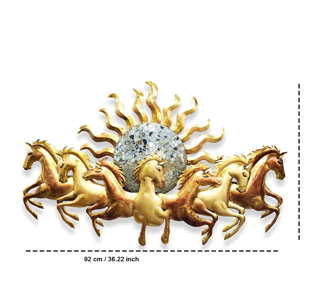 ToughCrafts 7 Running Horses with Sun - Metal Wall Decor, with LED light for Living Room, Drawing Room, and Office Decor
