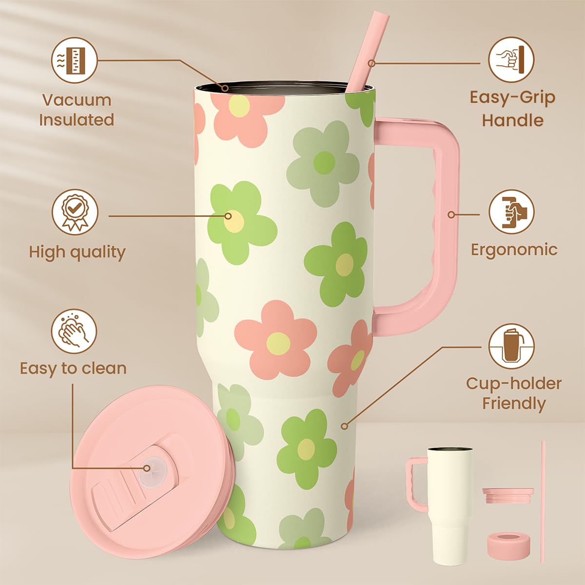 SANDJEST Daisy Tumbler with Handle 40oz, Floral Cup Stainless Steel Insulated Tumblers Coffee Travel Mug with Straw, Flower Cups