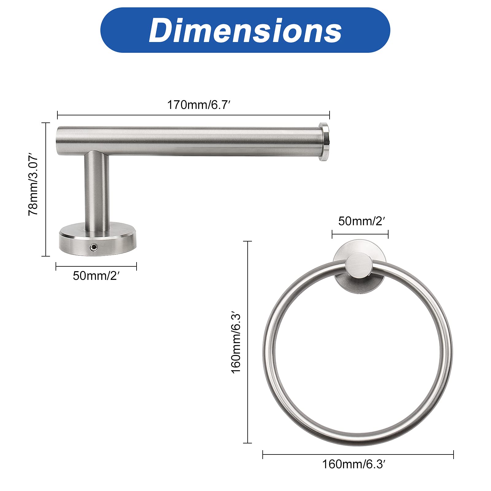 NearMoon 2 Pieces Bathroom Hardware Accessories  Towel Ring and Toilet Paper Holder- Stainless Steel Bathroom Towel Hanger and Hand Towel Holder  Wall Mounted (Brushed Nickel)