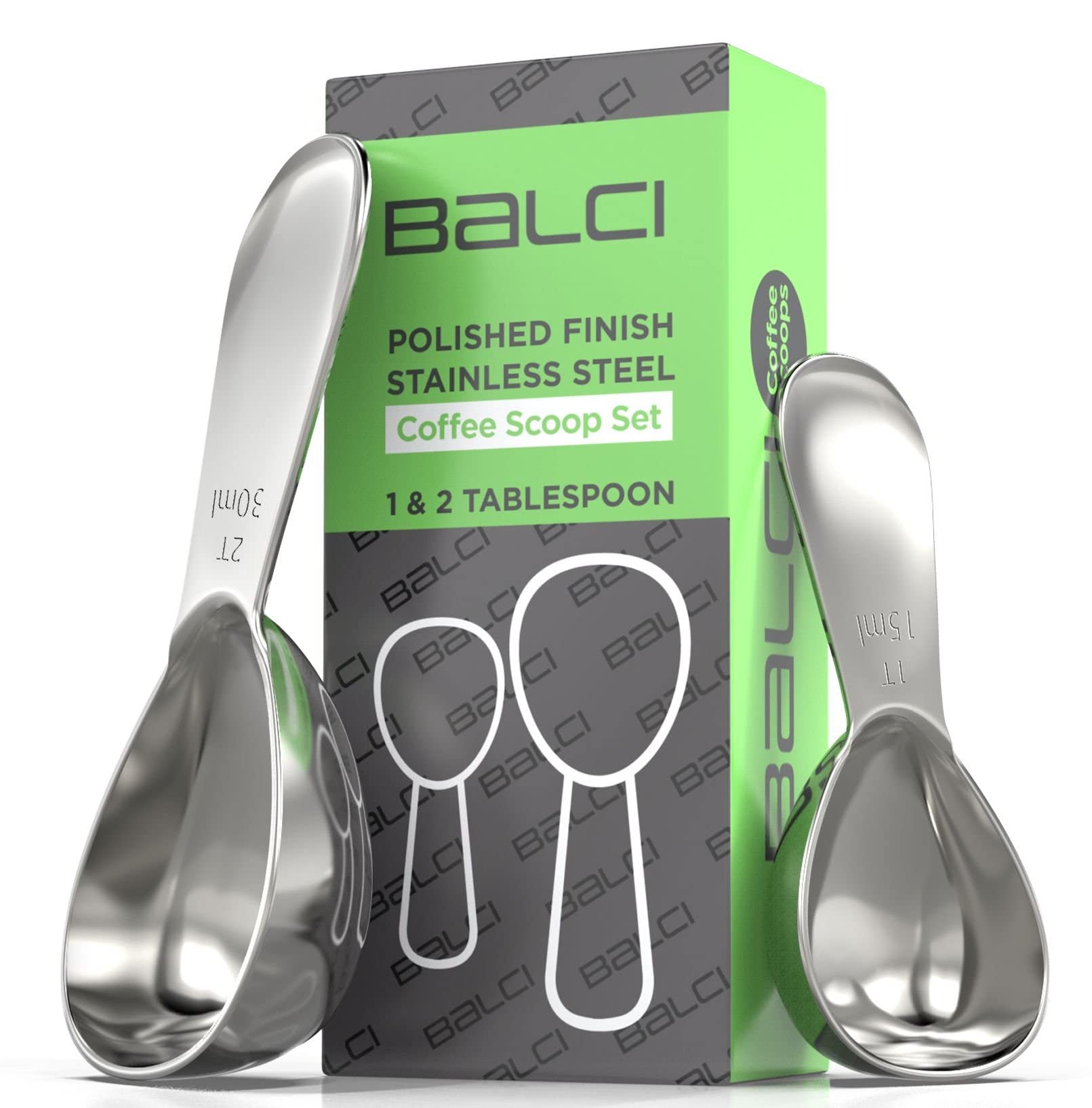 Balci - Stainless Steel Coffee Scoop Set (1&2 Tablespoon, 15Ml And 30Ml) Exact Measuring Spoons For Coffee, Tea, Sugar, Flour An