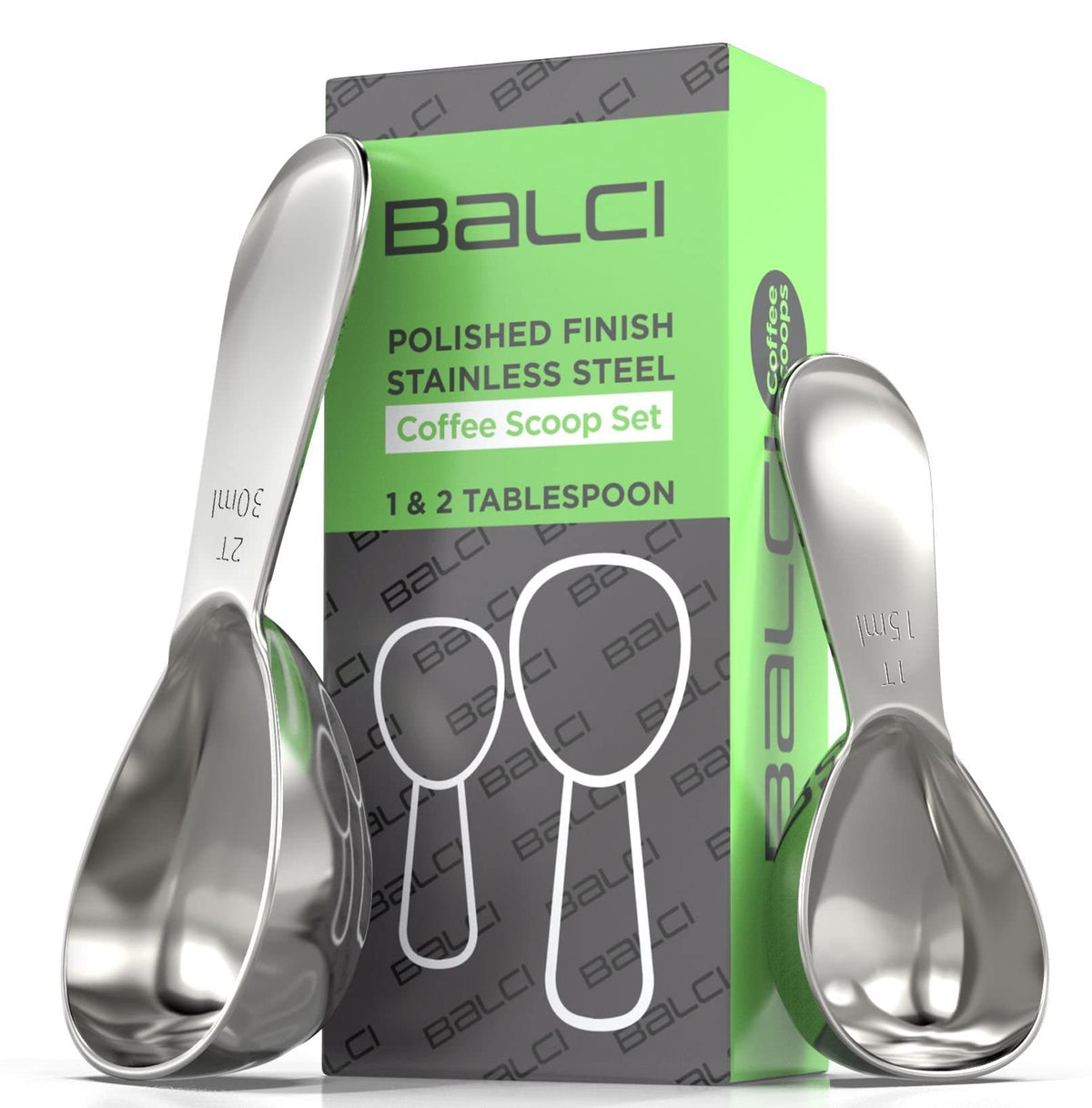 Balci - Stainless Steel Coffee Scoop Set (1&2 Tablespoon, 15Ml And 30Ml) Exact Measuring Spoons For Coffee, Tea, Sugar, Flour An