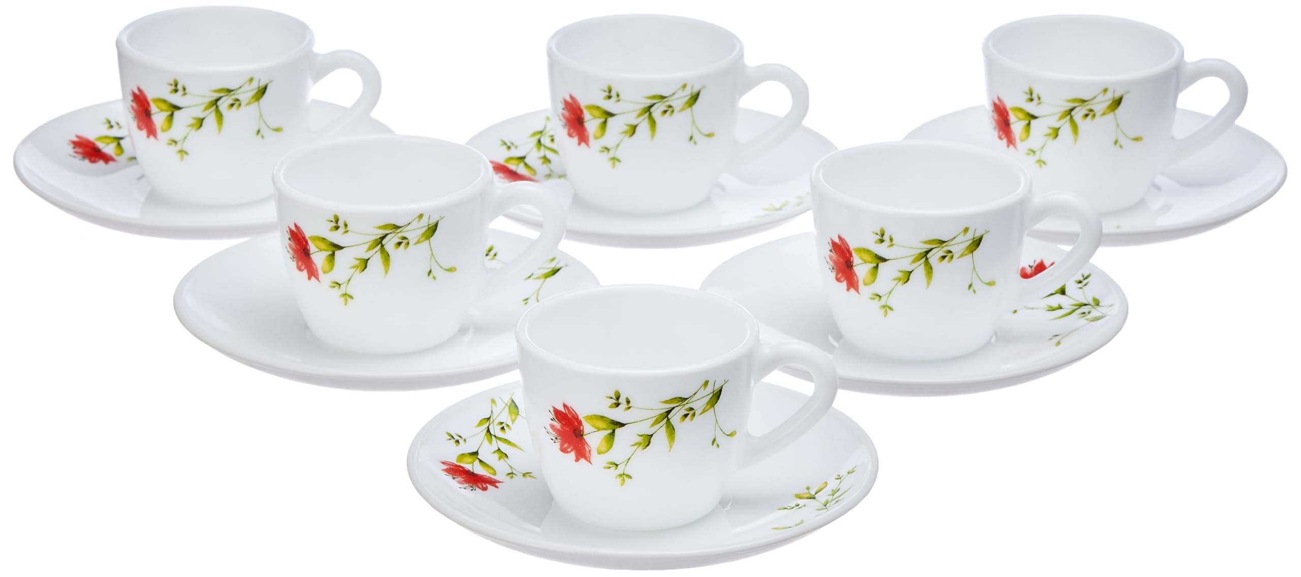Larah By Borosil Oriental Opalware Cup And Saucer Set Of 12 Pcs | Tea/Coffee Cups 90 Ml | Microwave & Dishwasher Safe | BoneAsh