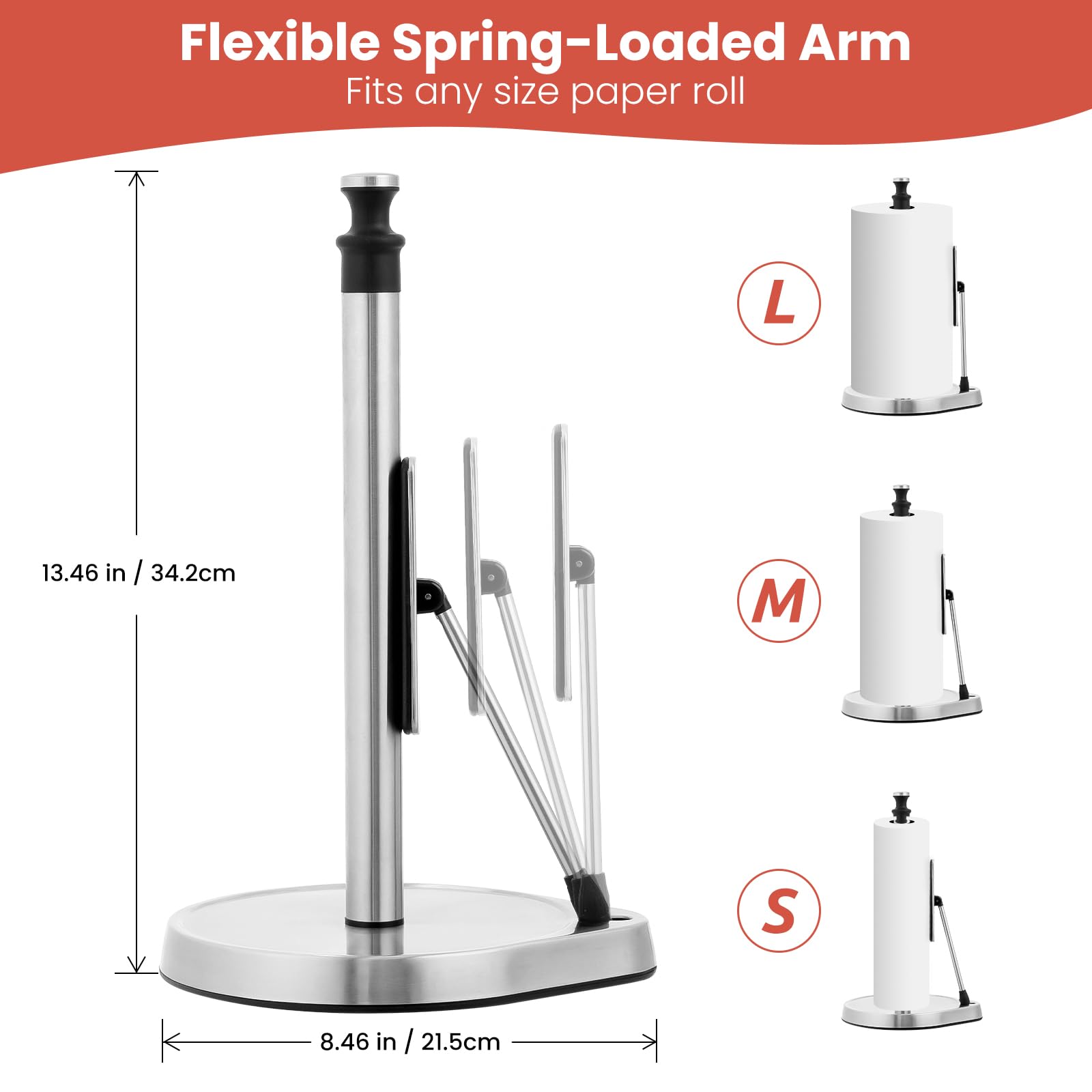 Dailyart Paper Towel Holder For One Hand Tear - Countertop With Tension Arm & Non Slip Weighted Base, Stainless Steel Paper Towe