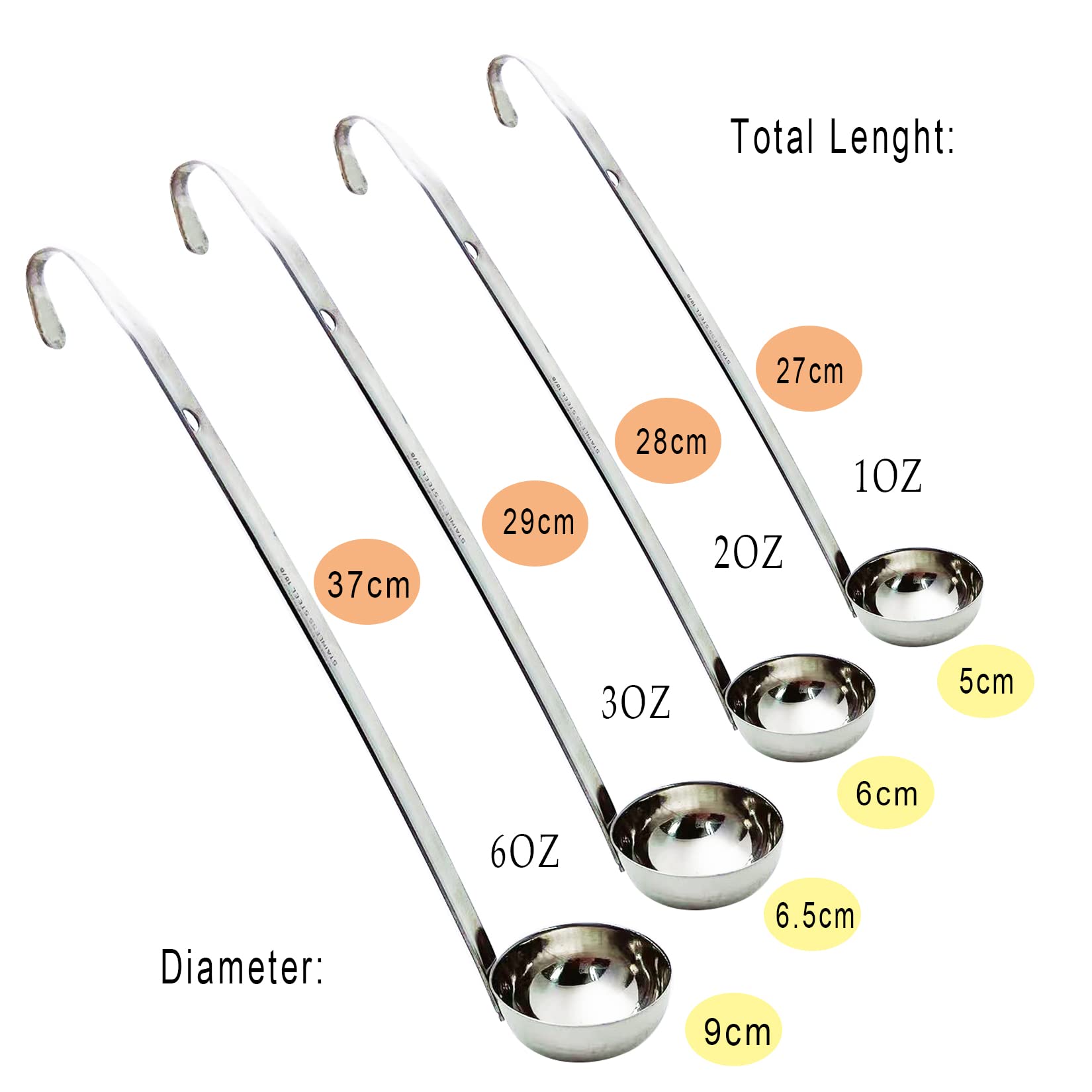 Markeny 4 Pieces Stainless Steel Soup Ladle Metal Handle Ladle with Pouring Rim 1oz/2oz/3oz/6oz Set Ladles for Cooking Soup Sauce