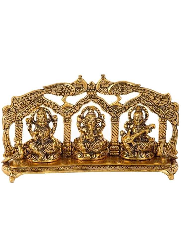 Labhcart Metal Laxmi Ganesh Saraswati Idol Decorative Murti Peacock Frame Metal Statue For Pooja & Decor Your Home, Office, Deco