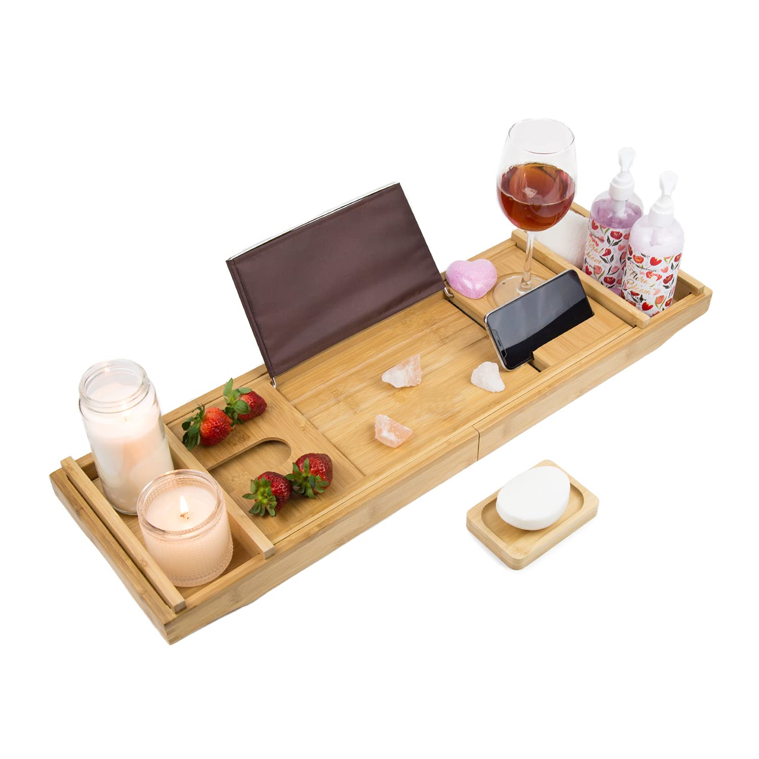 Premium Bamboo Bathtub Tray Caddy For Tub - Expandable Foldable Bath Tray - Unique House Warming Gifts, New Home, Anniversary &