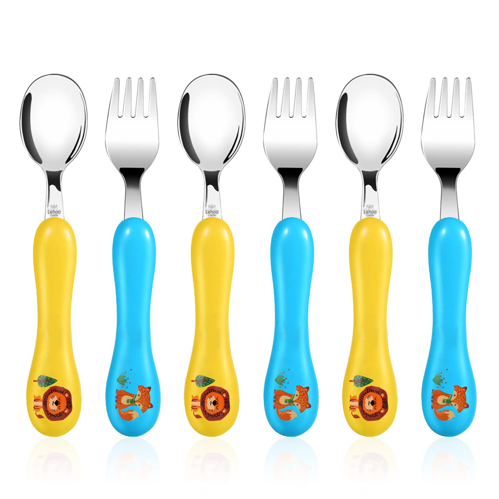 Lehoo Castle Toddler Fork and Spoon, 6pcs Toddler Utensils Kids Silverware, Safe Stainless Steel Toddler Fork Spoon Set, Childre