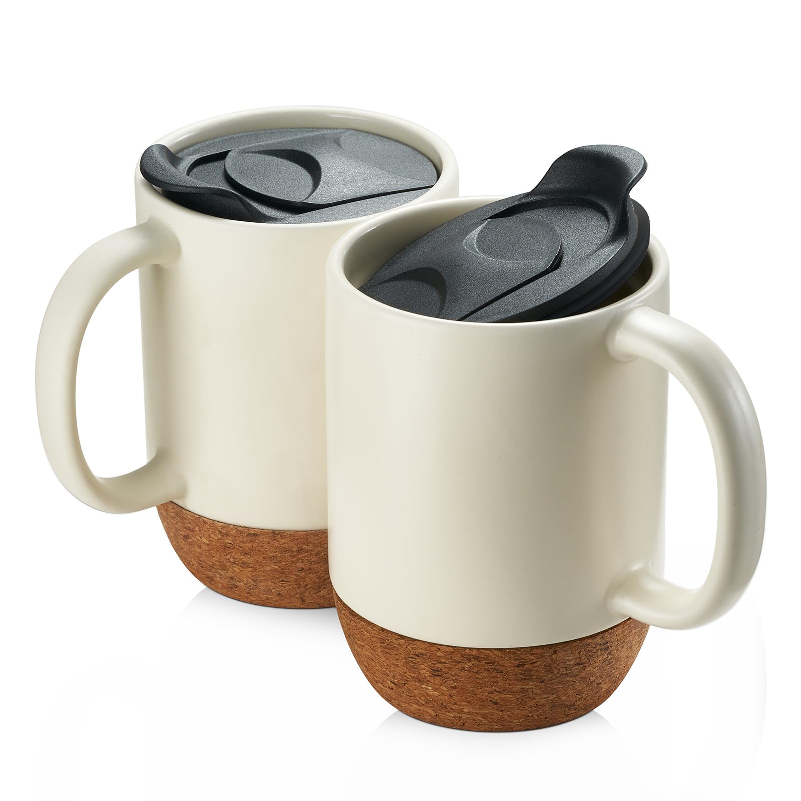DOWAN Coffee Mugs Set of 2, 15 OZ Ceramic Mug with Cork Bottom and Lid, Large Coffee Mug with Handle, Coffee Mug Ceramic Set,Gif