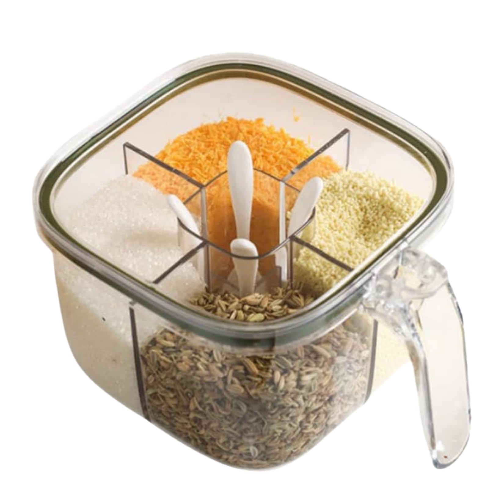 Aryamurti Clear 4Compartment Seasoning Box, Transparent Plastic, Bpa Free, Food Grade, Flip Top Lid, With 4 Serving Spoons