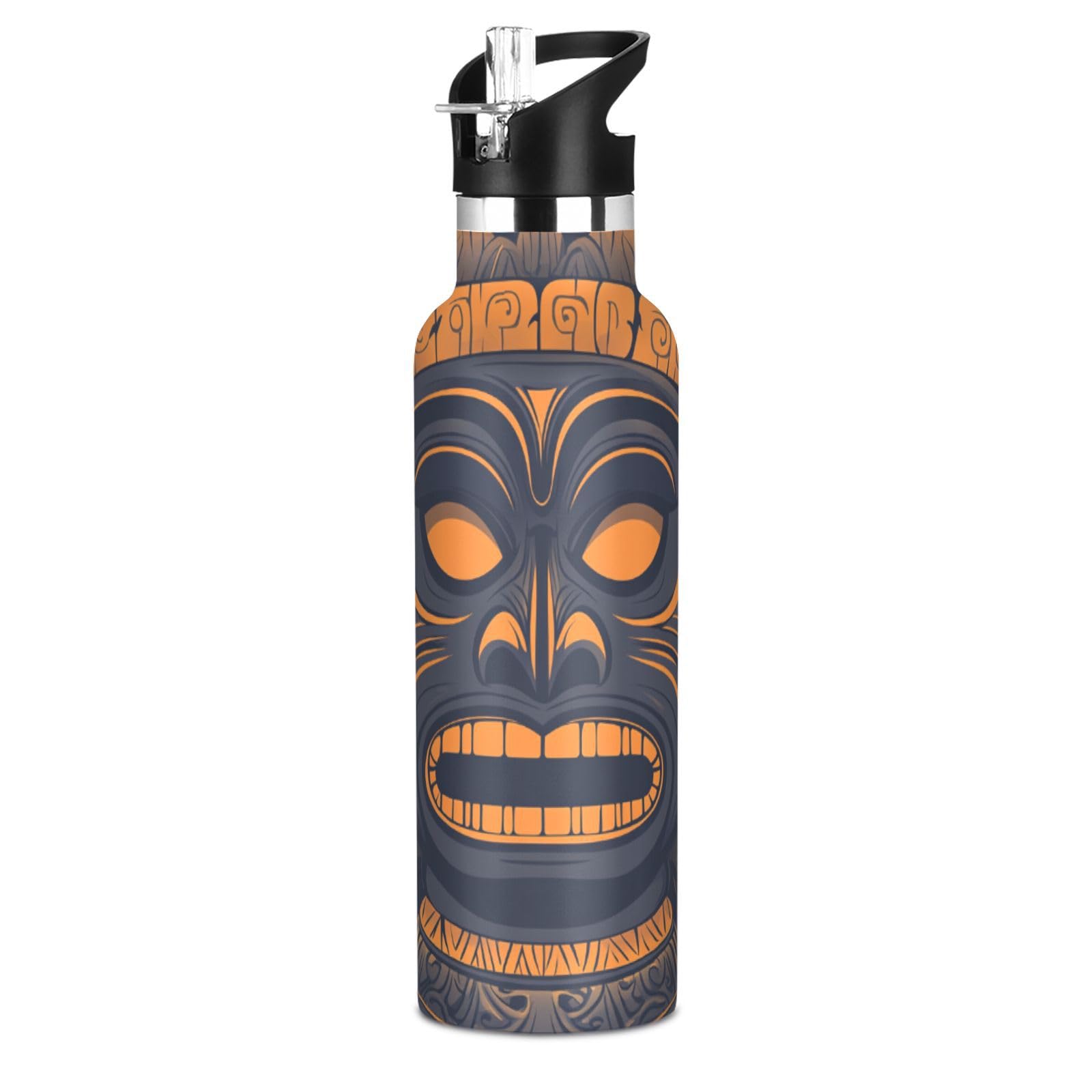 Selerdon Sports Water Bottle Tiki Pole Totem Leaves Stainless Steel Beverage Container 20 oz Coffee Cup with Detachable Straw & 