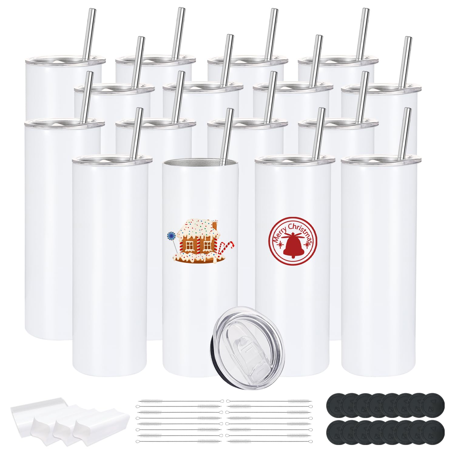 16 Pack Sublimation Tumblers Edge Blanks Skinny Straight Bulk 20 oz, Stainless Steel Double Wall Insulated Tumbler with Straw & 