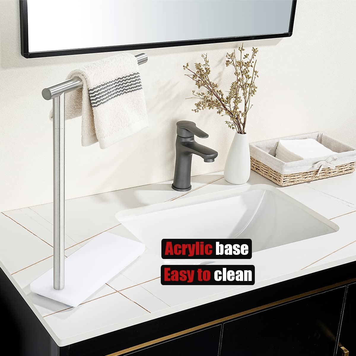 JQK Hand Towel Holder Stand Brushed  Modern Tree Rack Free Standing for Countertop with 12 Inch Bar  304 Stainless Steel Thicken 0.8mm  HTT170-WN