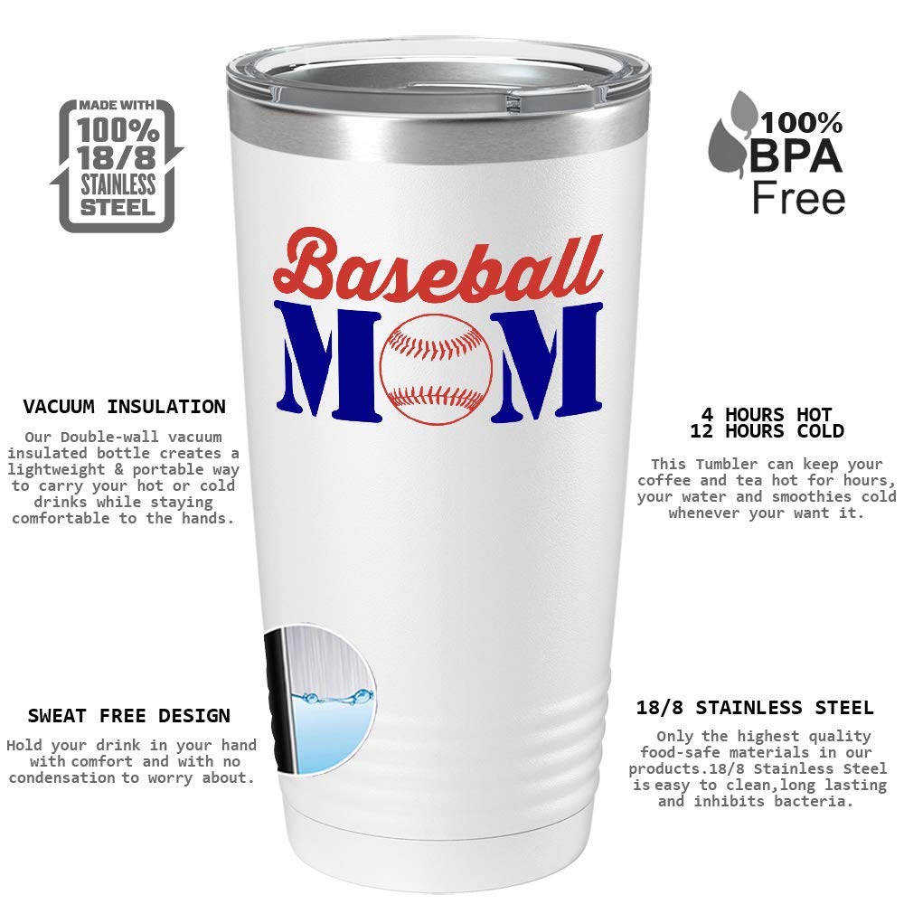 Cuptify Baseball Mom On White 20 Oz Stainless Steel Gift Travel Mug Tumbler