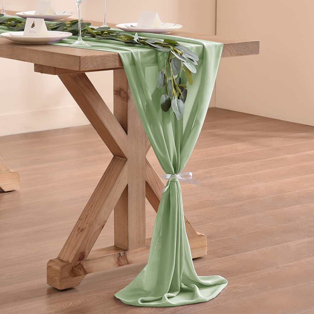 Socomi 10Ft Sage Green Chiffon Table Runner 29X120 Inches Wedding Runner Sheer Thanksgiving Christmas Bridal Shower Decorations