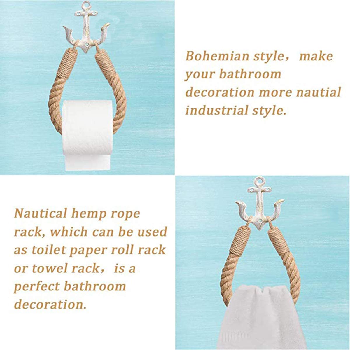 2 Pcs Nautical Rope Toilet Paper Holder Wall-Mounted Towel Ring Nautical Toilet Paper Holder With Metal Hooks Coastal Towel Rack
