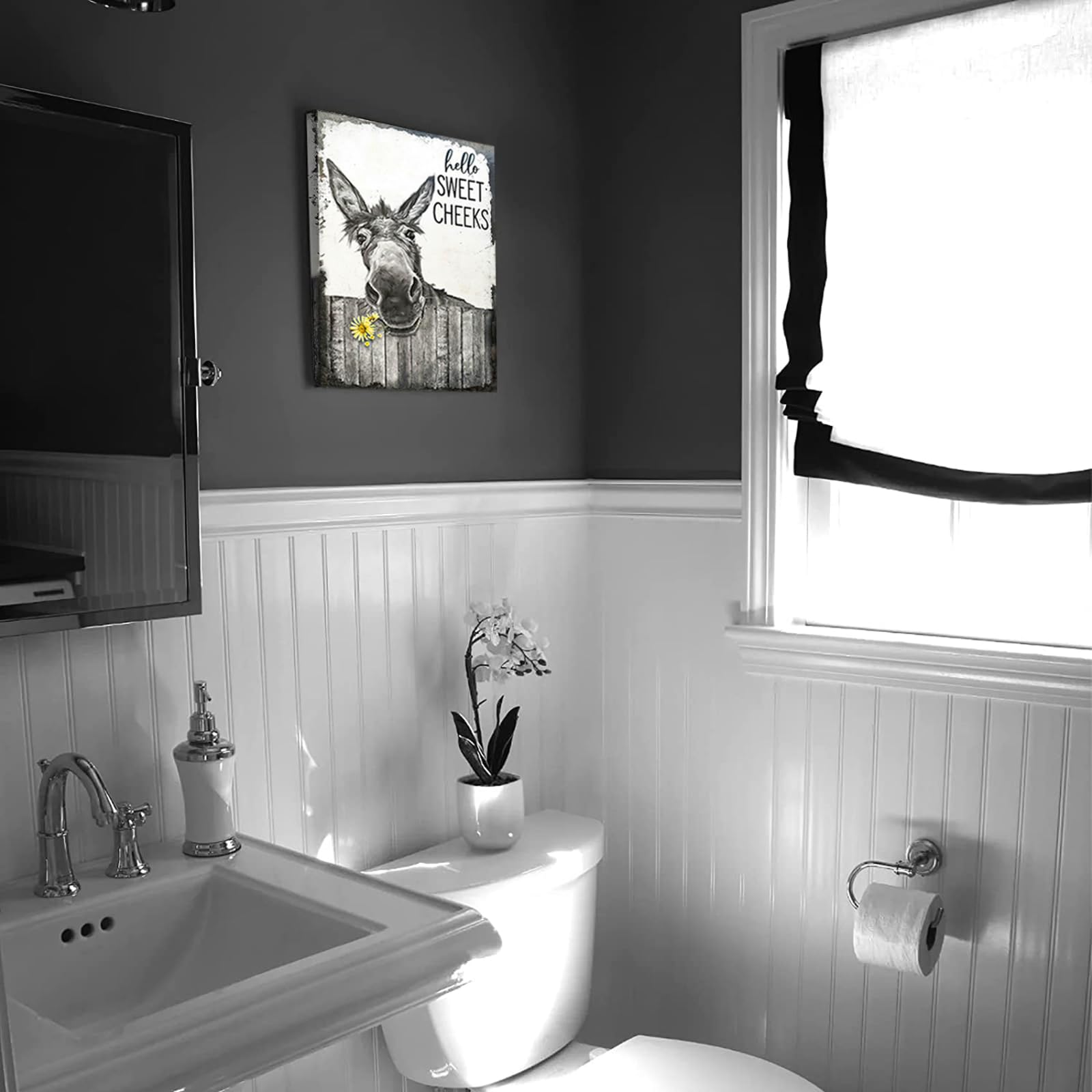 Farmhouse Bathroom Wall Art Donkey Poster Funny Donkey Pictures for Wall Rustic Canvas Print Black and White Painting Animal Wall D?or Country Vintage Framed Artwork 8''x12''