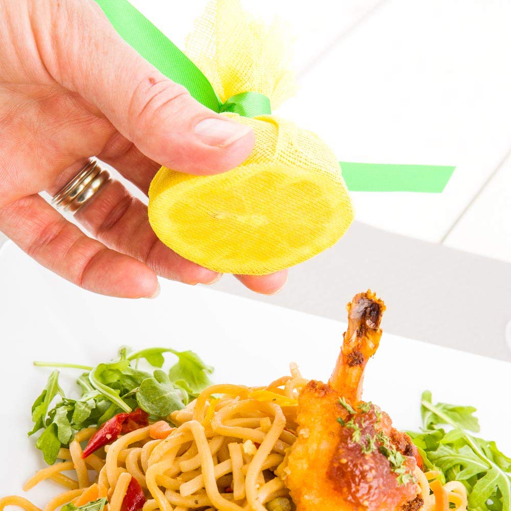 Restaurantware 8.8 Inch X 8.8 Inch Lemon Squeeze Cloths 100 With Light Green Satin Ribbon Lemon Covers - Mesh Reusable Yellow Ch