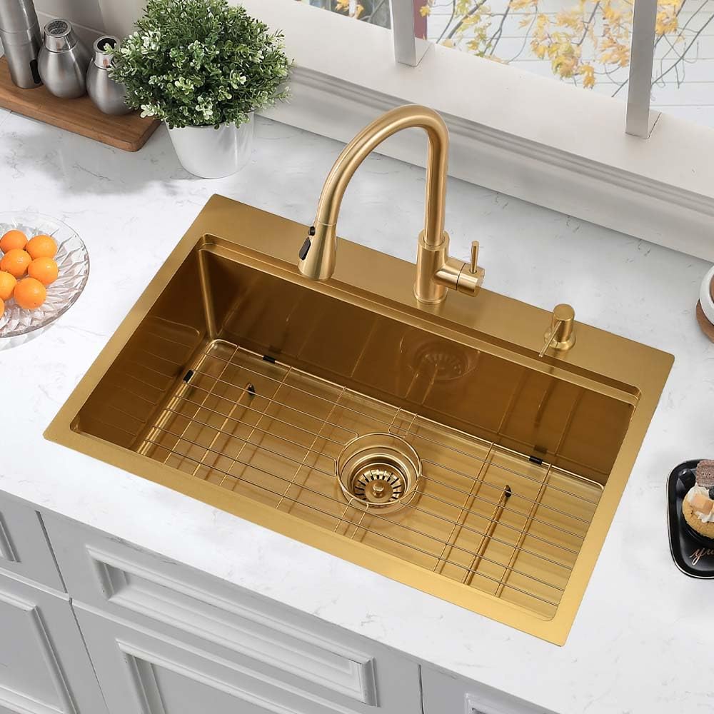 31 Inch Gold Kitchen Sink Drop In Workstation-Hovheir 31X20 Drop In Topmount Kitchen Sink Workstation 16 Gauge Stainless Steel B