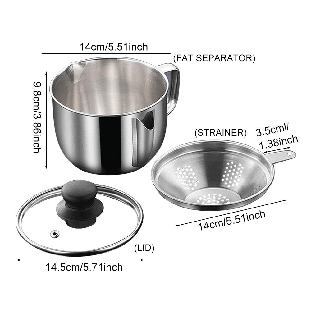 Stainless Steel Fat Separator 4 Cup/1000Ml Gravy Grease Separator With Strainer And Glass Lid, Soup Oil Separator Cup For Cookin