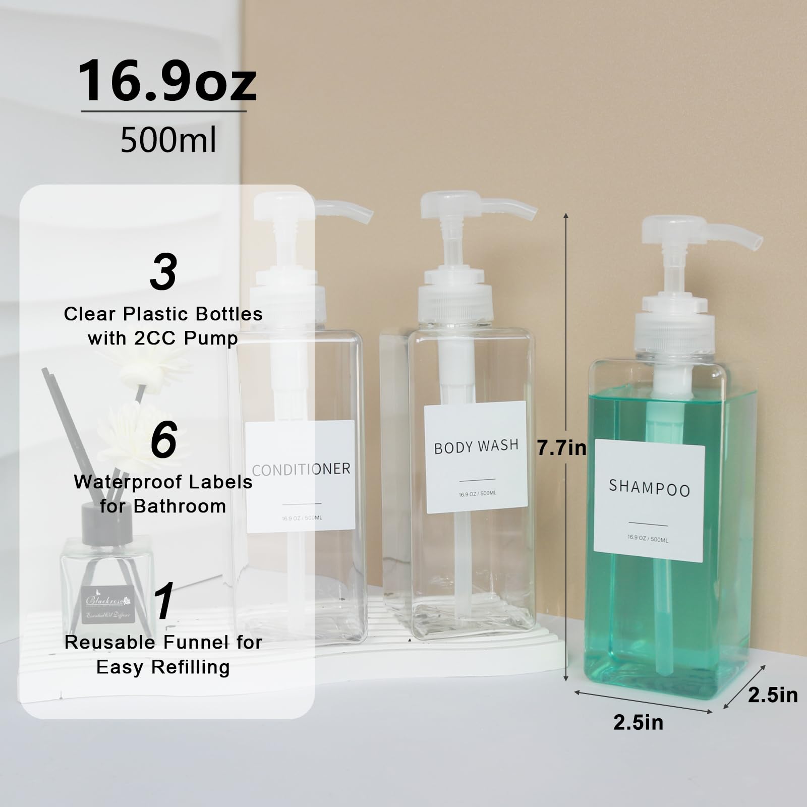 Shampoo And Conditioner Dispenser, Refillable Plastic Shampoo Pump Bottles With Waterproof Labels, Empty Body Wash Dispenser Set