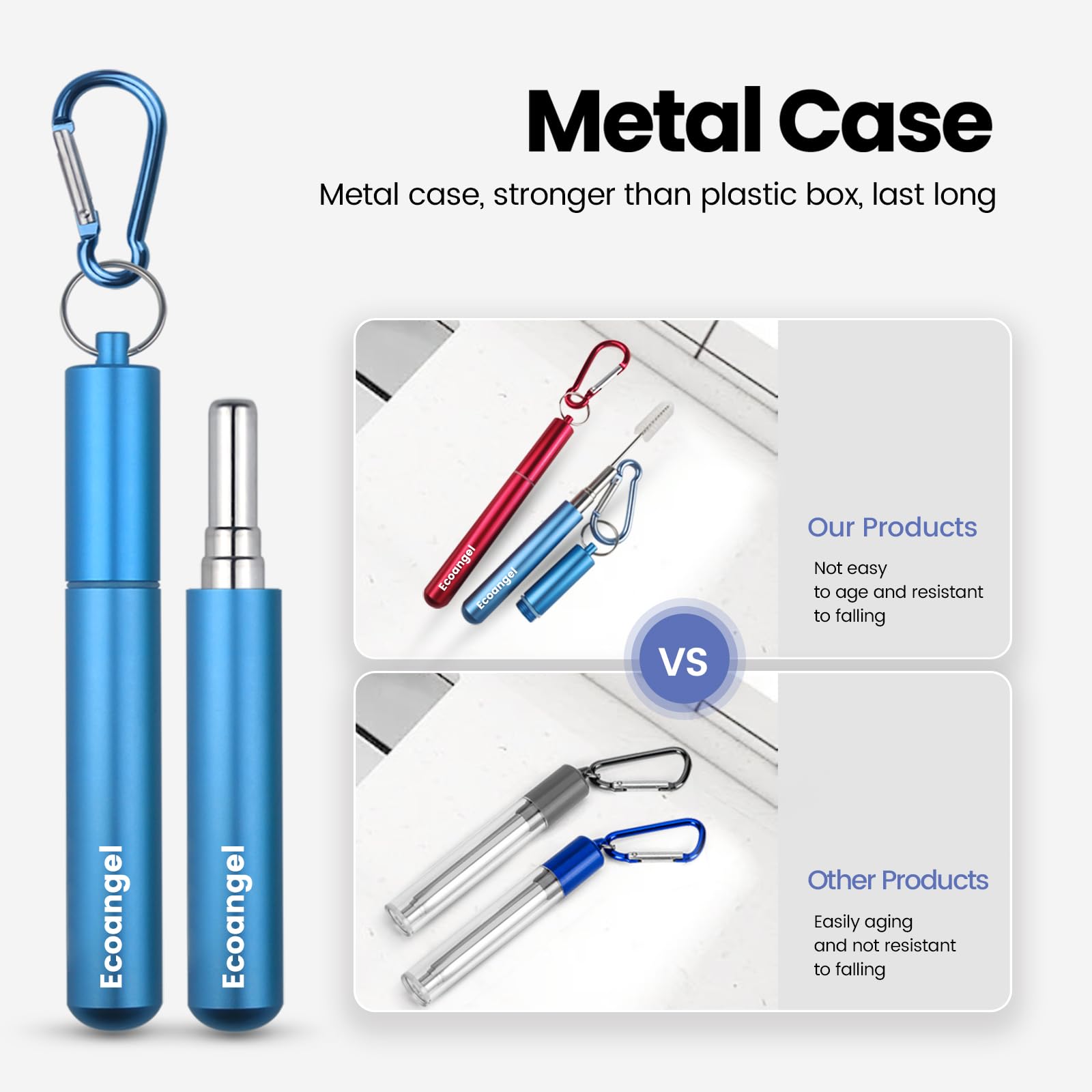 4-Pack Collapsible Stainless Steel Drinking Straws With Aluminum Case, Cleaning Brush, And Keychains - Silver, Blue, Red, Green