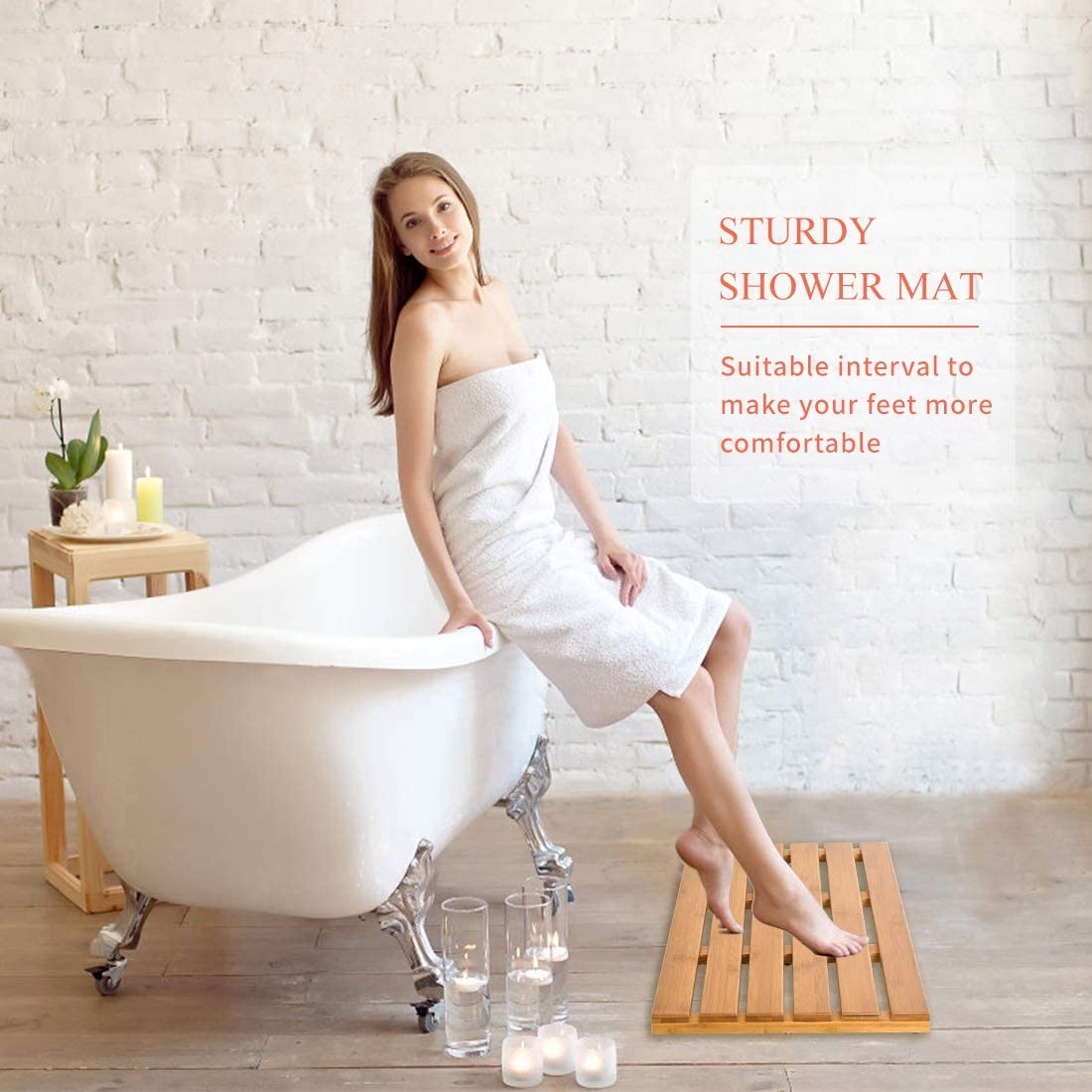 Bath Mat For Luxury Shower - Non-Slip Bamboo Sturdy Water Proof Bathroom Carpet For Indoor Or Outdoor Use
