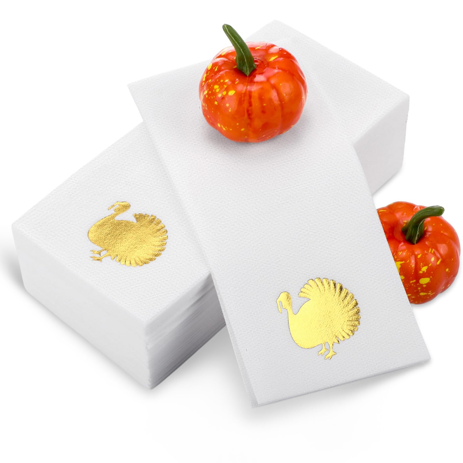 Janlaugh 100 Pcs Thanksgiving Linen Napkins Turkey Pattern Disposable Paper Hand Towels Foil Stamped Golden Napkins for Party Lu