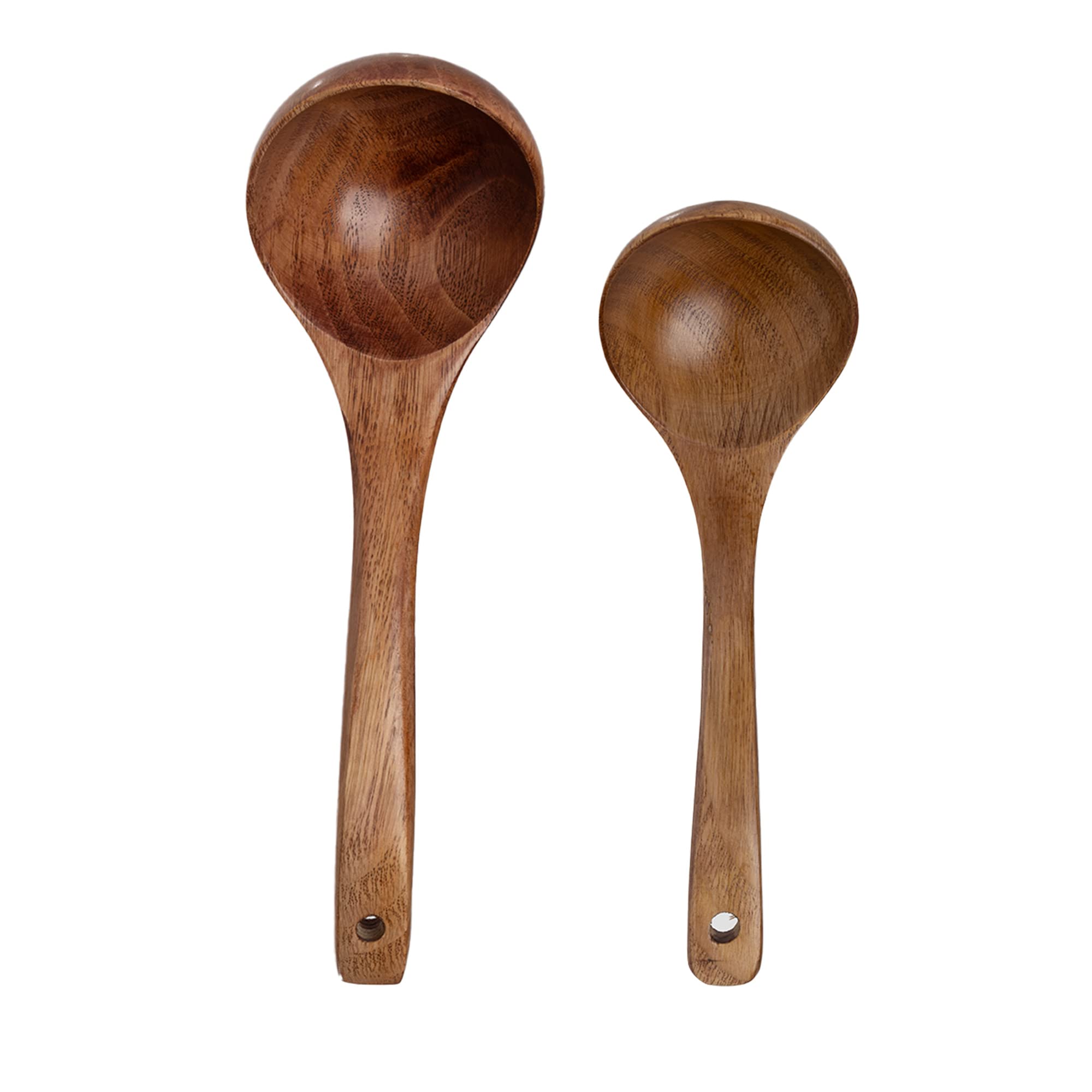 EORTA Set of 2 Wooden Spoons for Cooking 2 Sizes Deep Ladle Natural Wood Sauces Porridge Soup Flatware with Long Straight Handle