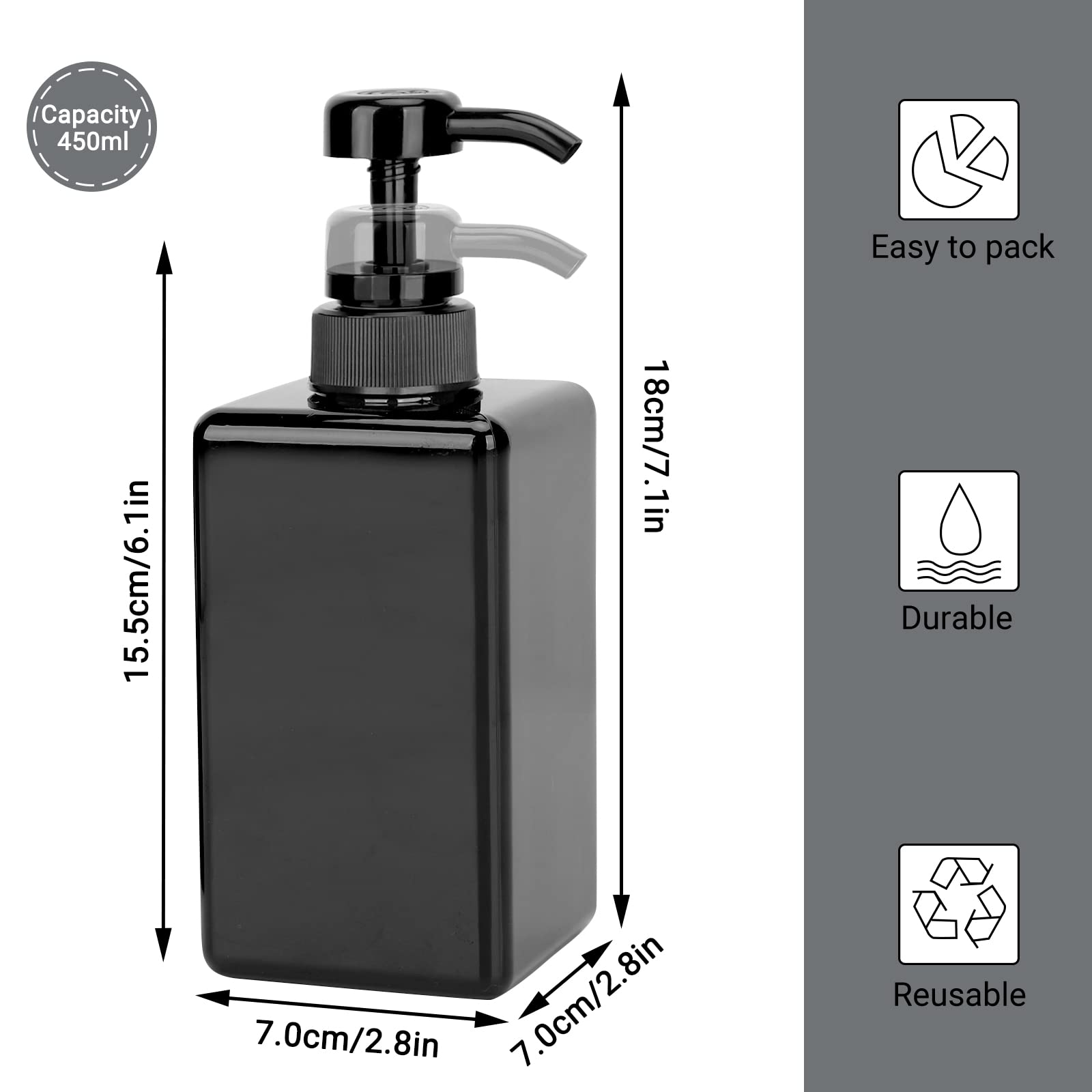 Suream Plastic Shampoo Bottles With Pump 15Oz/450Ml, Black Bathroom Shampoo And Conditioner Dispenser, Refillable Reusable Empty