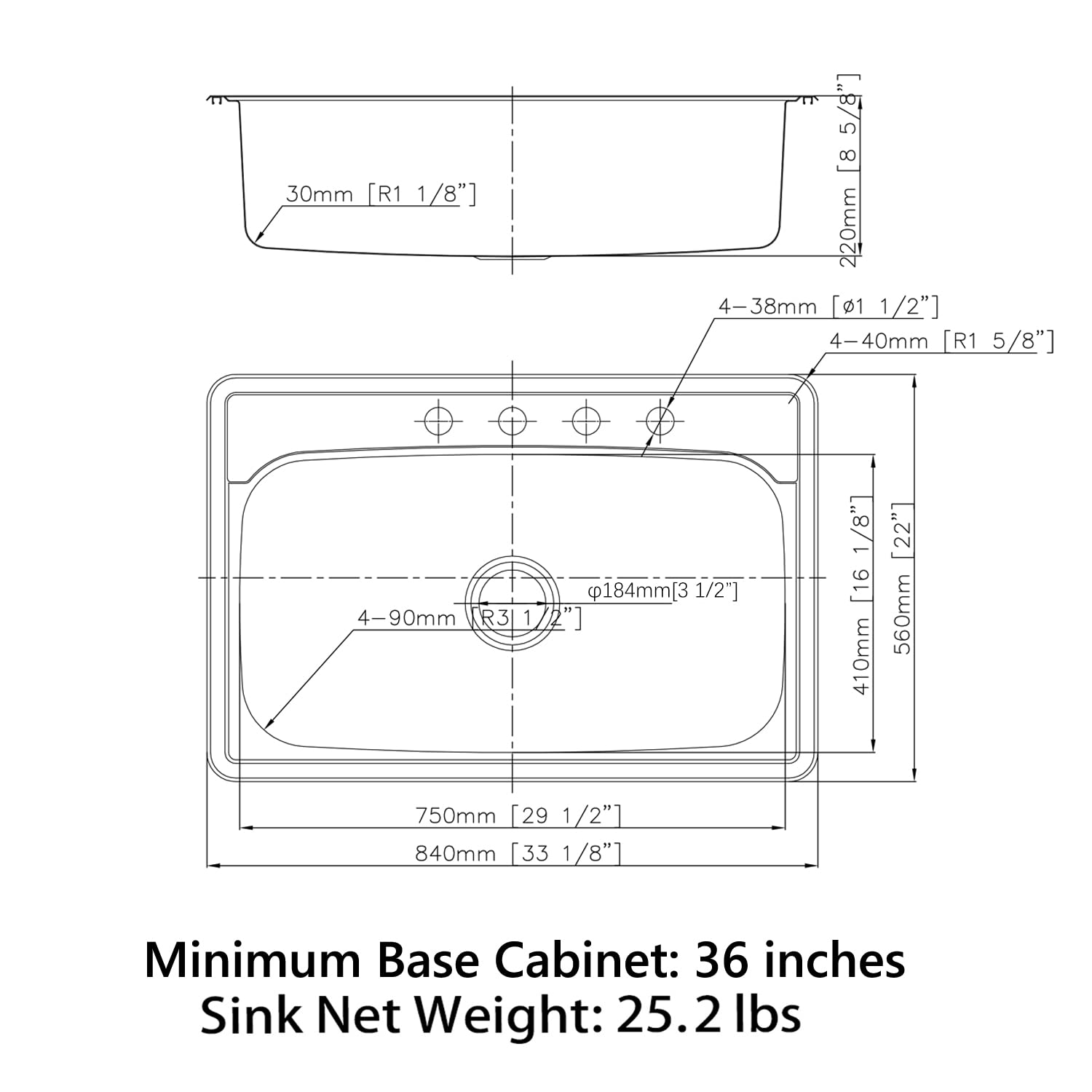 Sinber 33'' x 22'' x 9'' Drop In Single Bowl Kitchen Sink with 18 Gauge 304 Stainless Steel Satin Finish MT3322C (Sink Only)