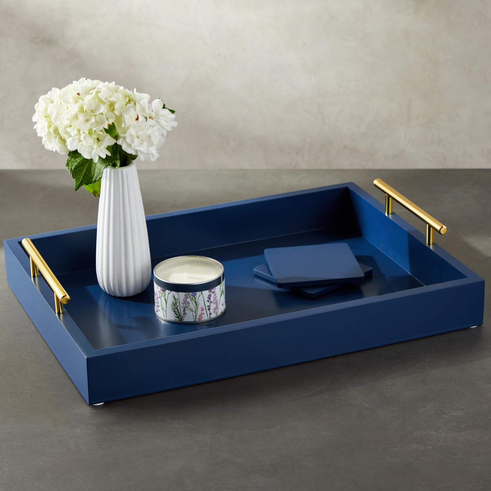 White Serving Tray For Coffee Table, 16X12 With Coasters, Decorative Interchangeable Gold And Silver Handles