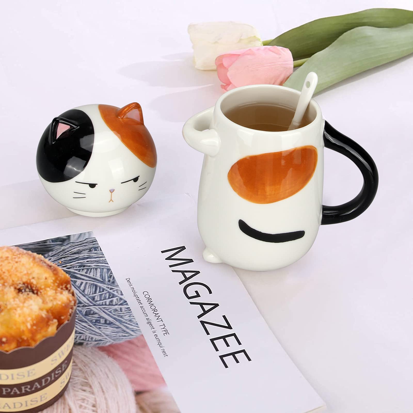 Large Cute Ceramic Coffee Mug with Lid and Spoon Fun Cat Cup for Women Ladies Unique 3D Kawaii Cat Coffee Mugs Lover Mom Gift Fu