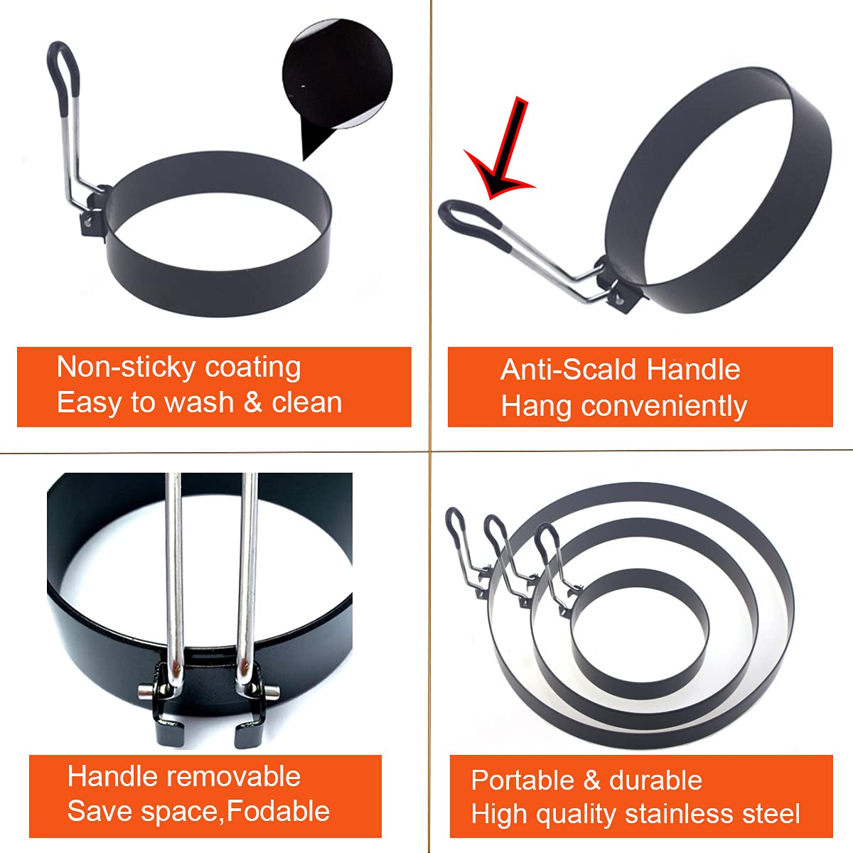 8'' Omelette Ring,6'' Pancake Ring,4'' Griddle Egg Ring,Non-Stick Stainless Steel Egg Cooker Omelet Ring Set(Upgrade Large 3 Pac