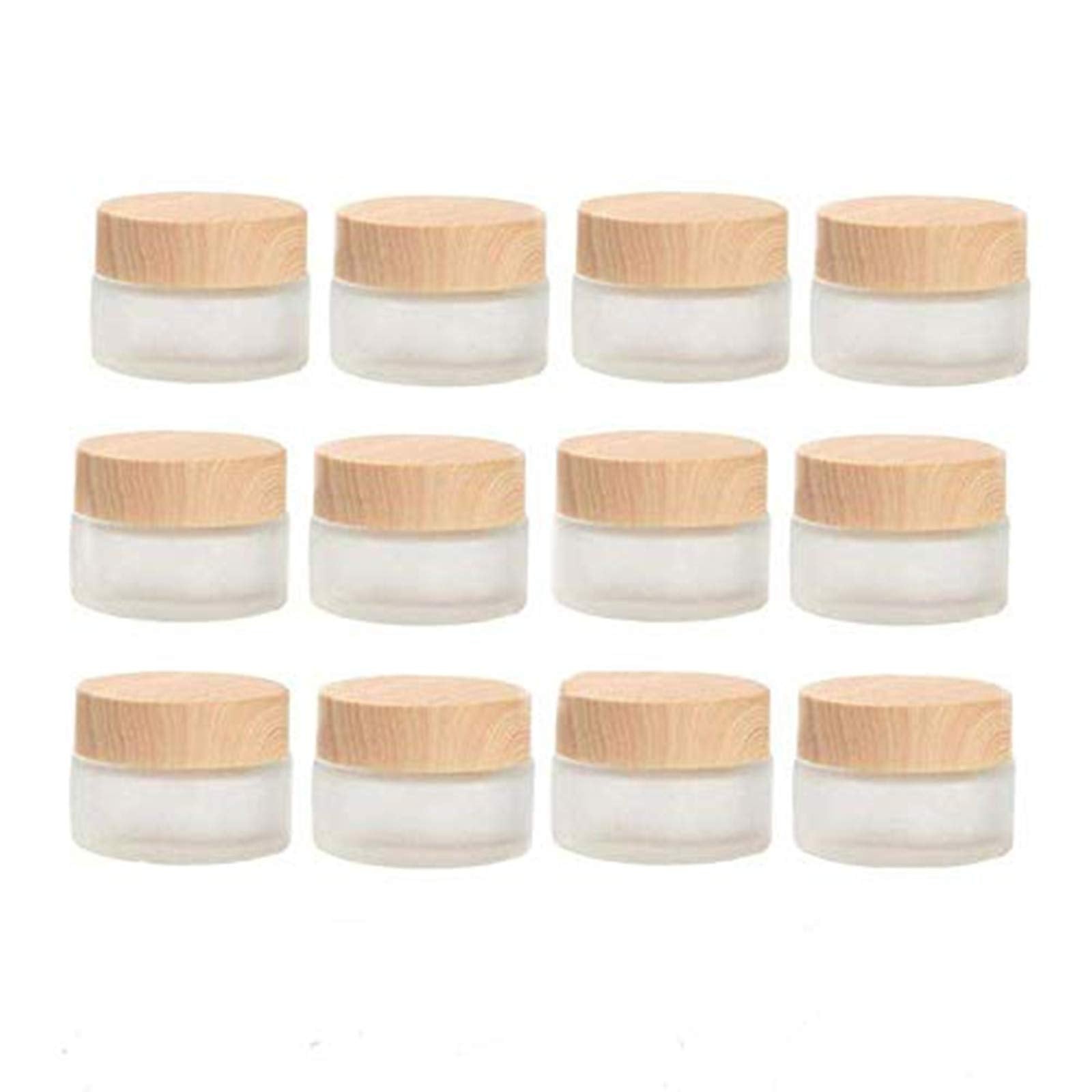 Healthcom 12 Packs 1 Oz Empty Jars 30Ml Round Frosted Glass Cream Jar Bottles Holder With Wood Grain Lids Refillable Case Vial P