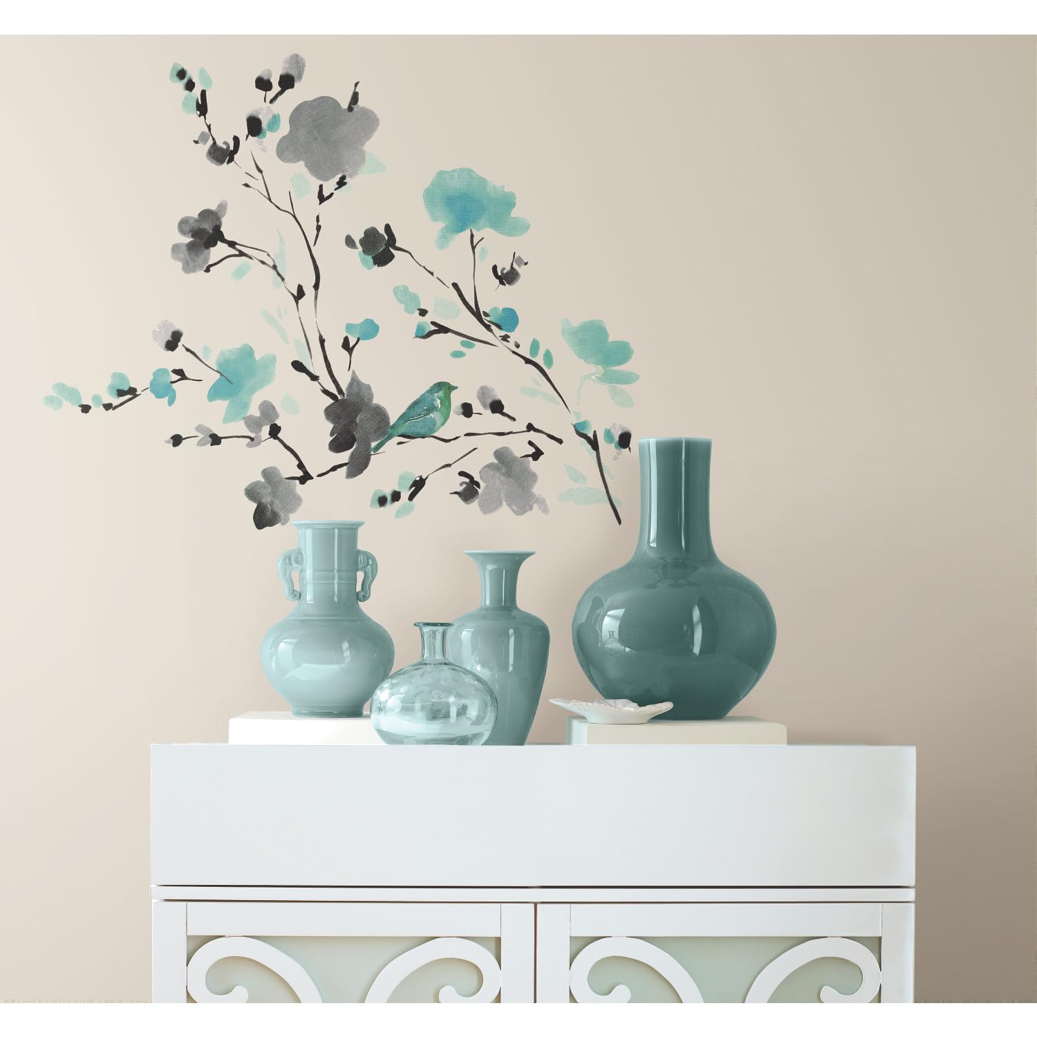 Roommates Rmk2687Scs Blossom Watercolor Bird Branch Peel And Stick Wall Decals, Multi Color