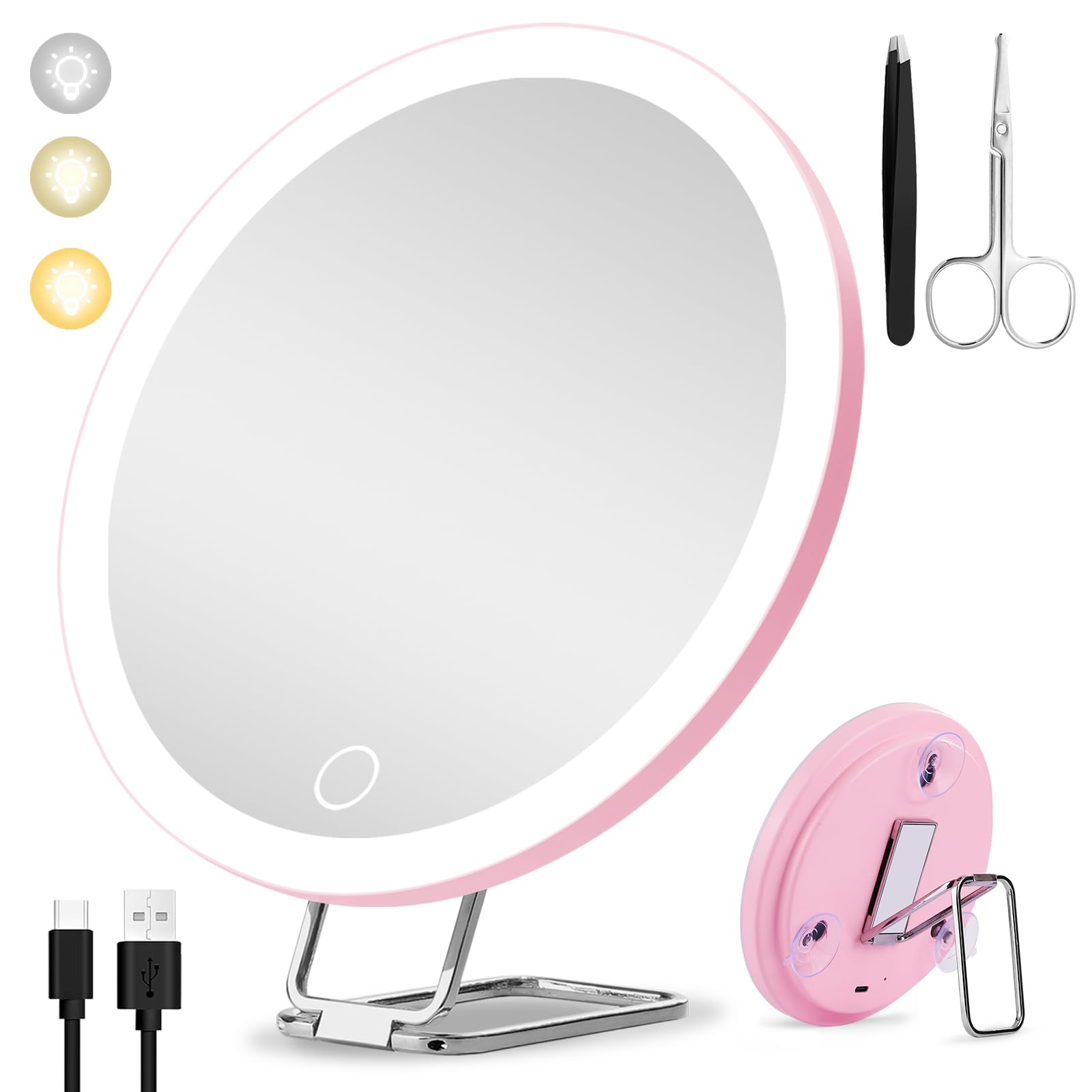 20X Magnifying Mirror With Light, Large 6Inch Lighted Magnified Mirror 20X With 3 Suction Cups And 360 Table Stand, Rechargeable