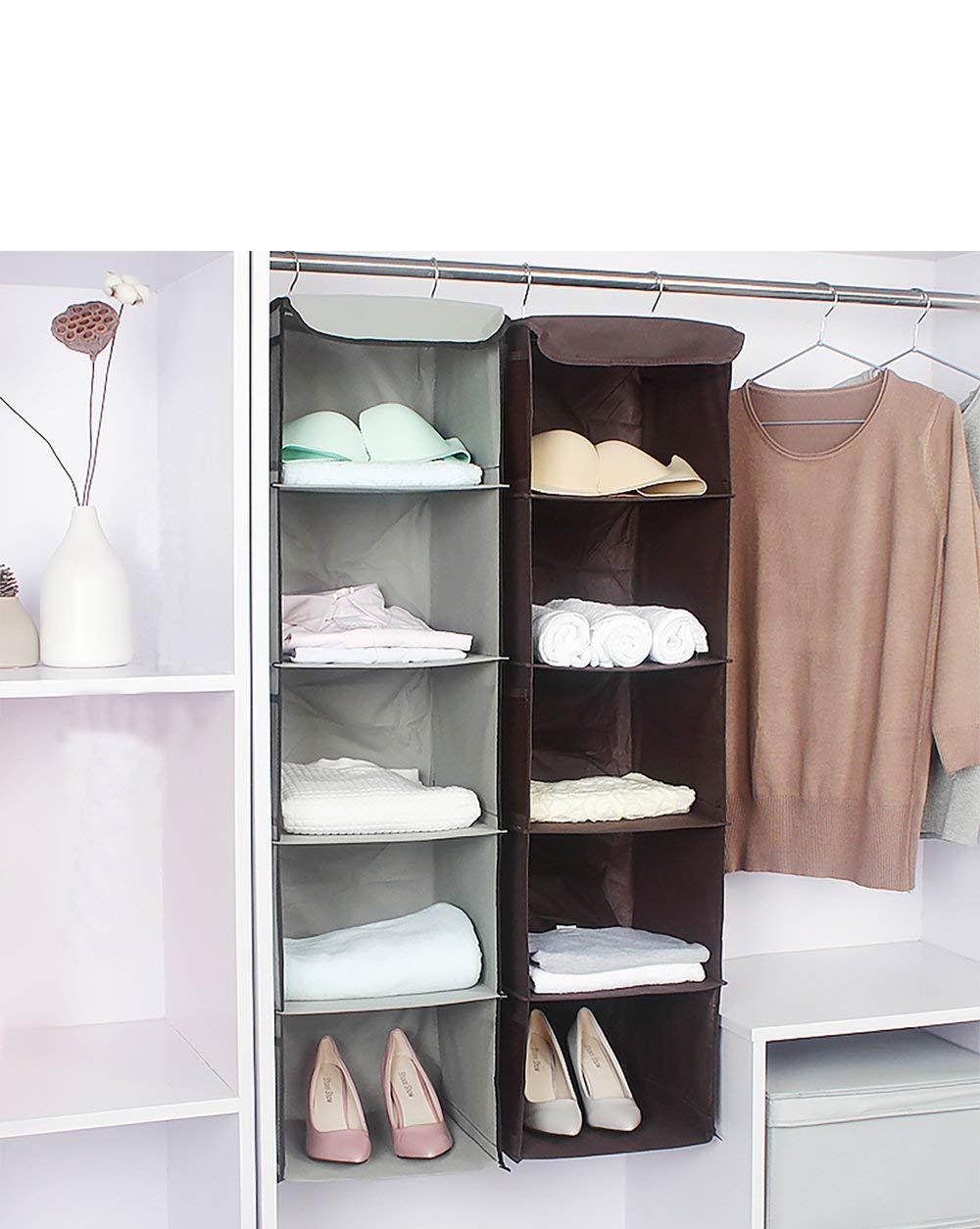 BrilliantJo 5 Shelves Hanging Closet Organizer  2 Pack Hanging Storage with 6 Side Pockets for Clothes Bags  43''x12''x12''(Gray)