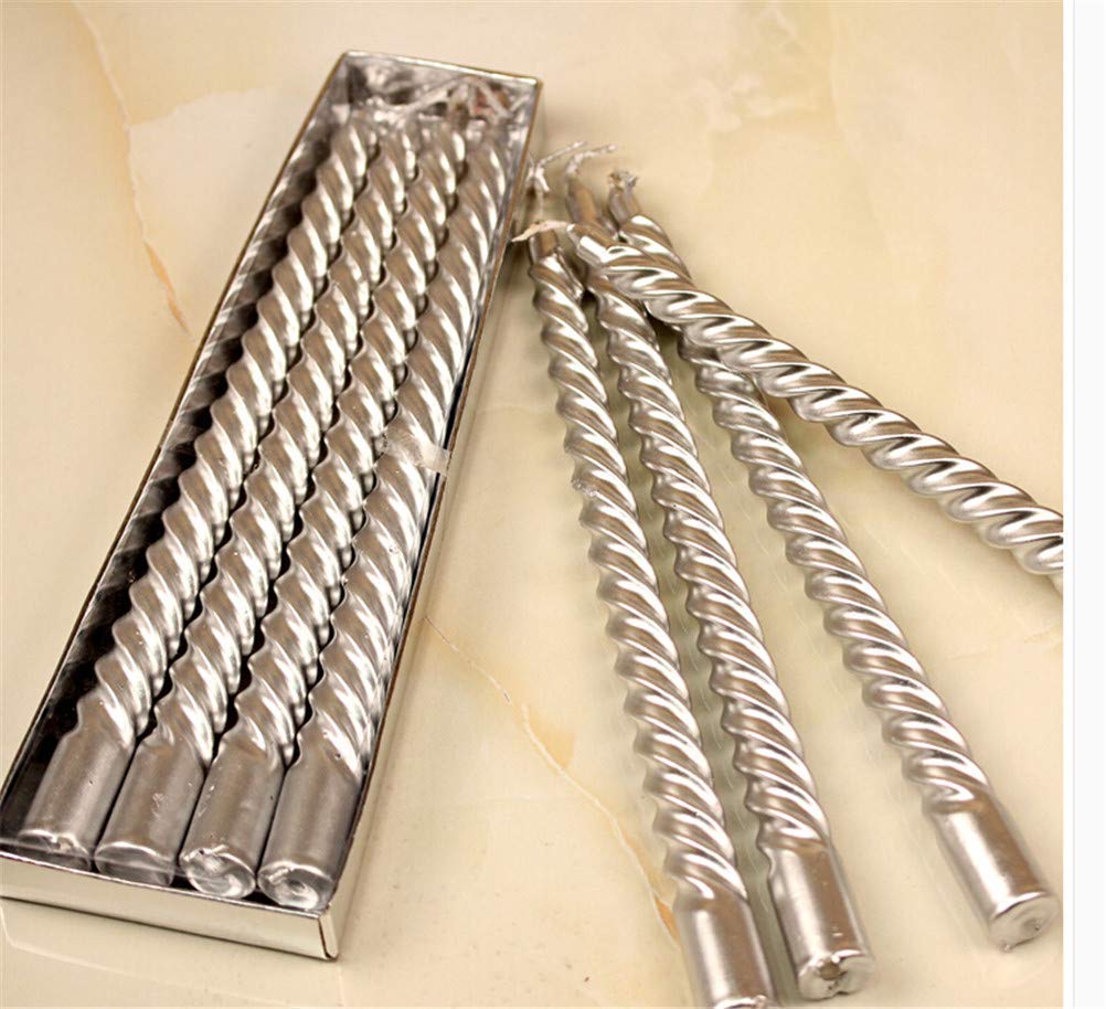 Kuber Selection 8 Pcs Designer Silver Spiral Pillar Candle 10 inch Long for Party,Daily use, Candle (Pack of 8 Pcs, Silver)