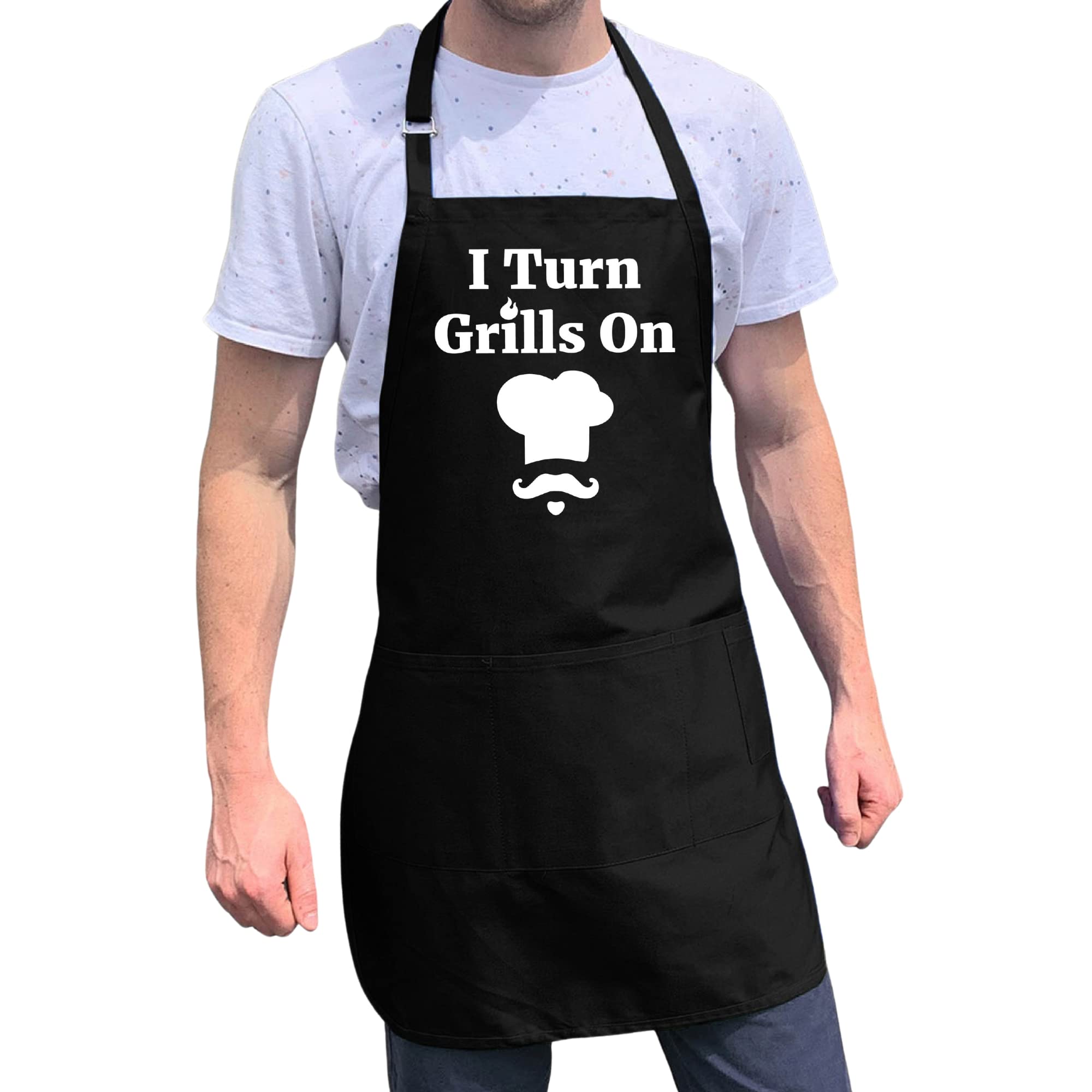 Bbq Grill Apron - I Turn Grills On - Funny Apron For Dad - 1 Size Fits All Chef Apron Poly/Cotton 4 Utility Pockets, Adjustable