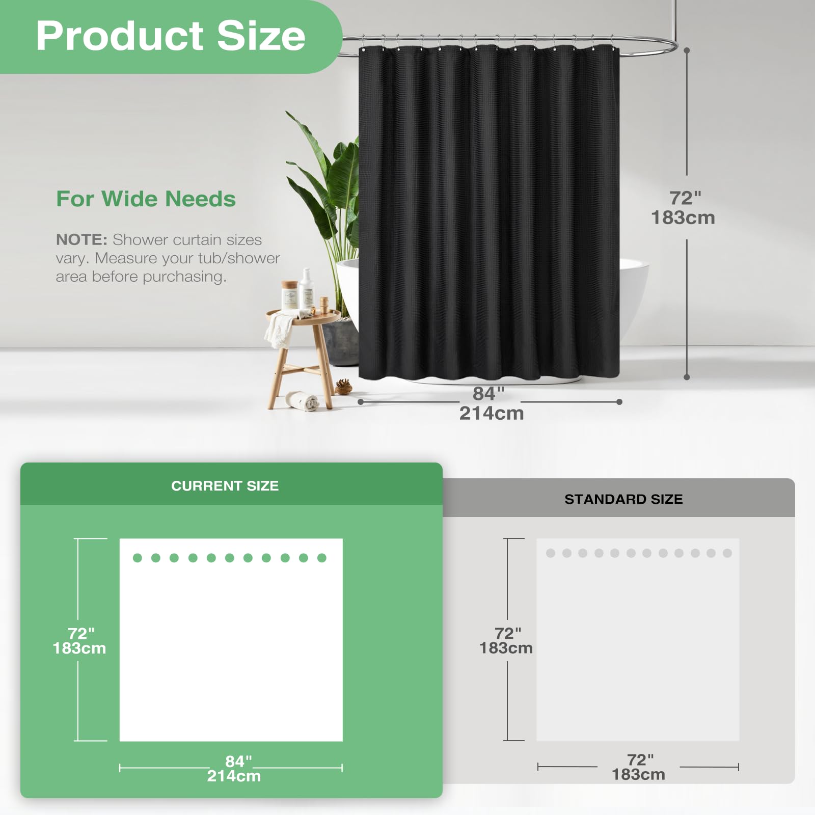 Dynamene Extra Wide Shower Curtain - 84 Inch Wide Waffle Weave Weighted Thick Cloth Bathroom Shower Curtain  Neutral Heavy Duty Hotel Bath Curtain Set with 14 Plastic Hooks  84x72  Black