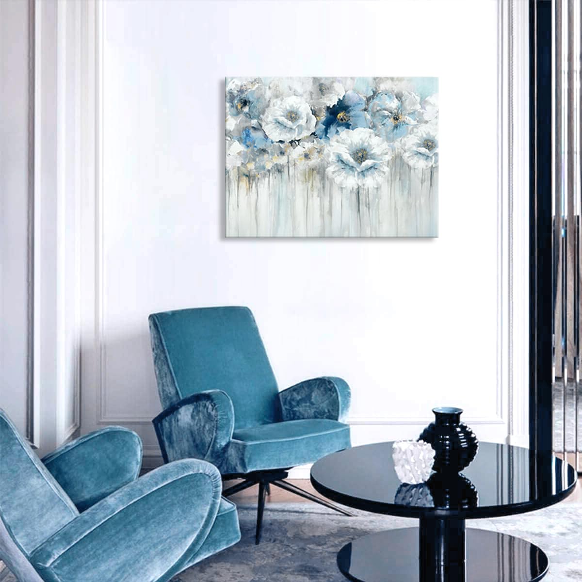 Woxfcart Bathroom Wall Art Abstract Flowers - White Floral Painting Artwork On Canvas With Gold Pictures For Blue Gray Bedroom D