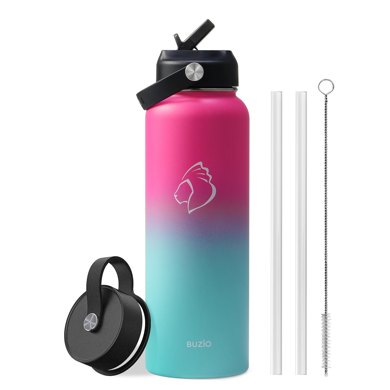 BUZIO Stainless Steel Water Bottle, 40oz Vacuum Insulated Double Wall Leak Proof Sports Water Bottle with Straw Lid and Flex Cap