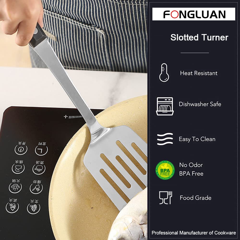 Fongluan Stainless Steel Cooking Slotted Turner/Spatula Heat-Resistant Pom Handles Heavy Duty Metal Kitchen Spatulas For Cooking