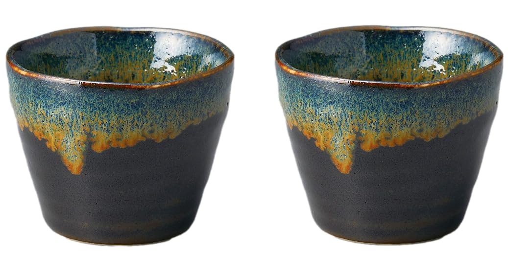 Japanese Mino Ware Ceramic Soba Choko Cups 7.4 Fluid Ounces, Dipping Cups Cold Noodles Bowl Tenmoku Pattern Set of 2 from Japan 
