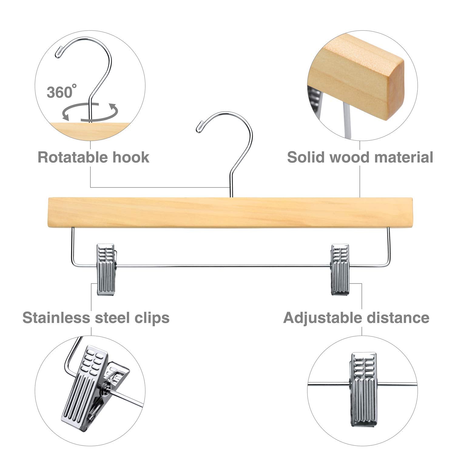 House Day Wooden Pants Hangers With Clips 25 Pack, Wood Skirt Hangers For Women, 14 Inch Hangers For Pants With Clips, Solid Woo