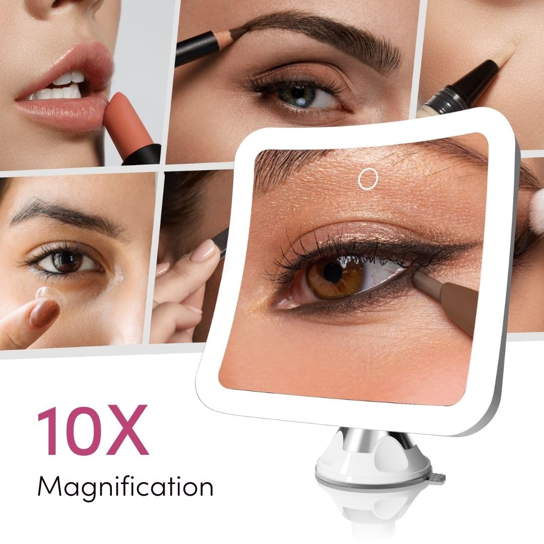 Fancii Rechargeable 10x Magnifying Mirror with 3 LED Light Settings  Dimmable Touch Light  cordless  Locking Suction Mount  Lighted Mirror for Bathroom or Travel (Mira 2)