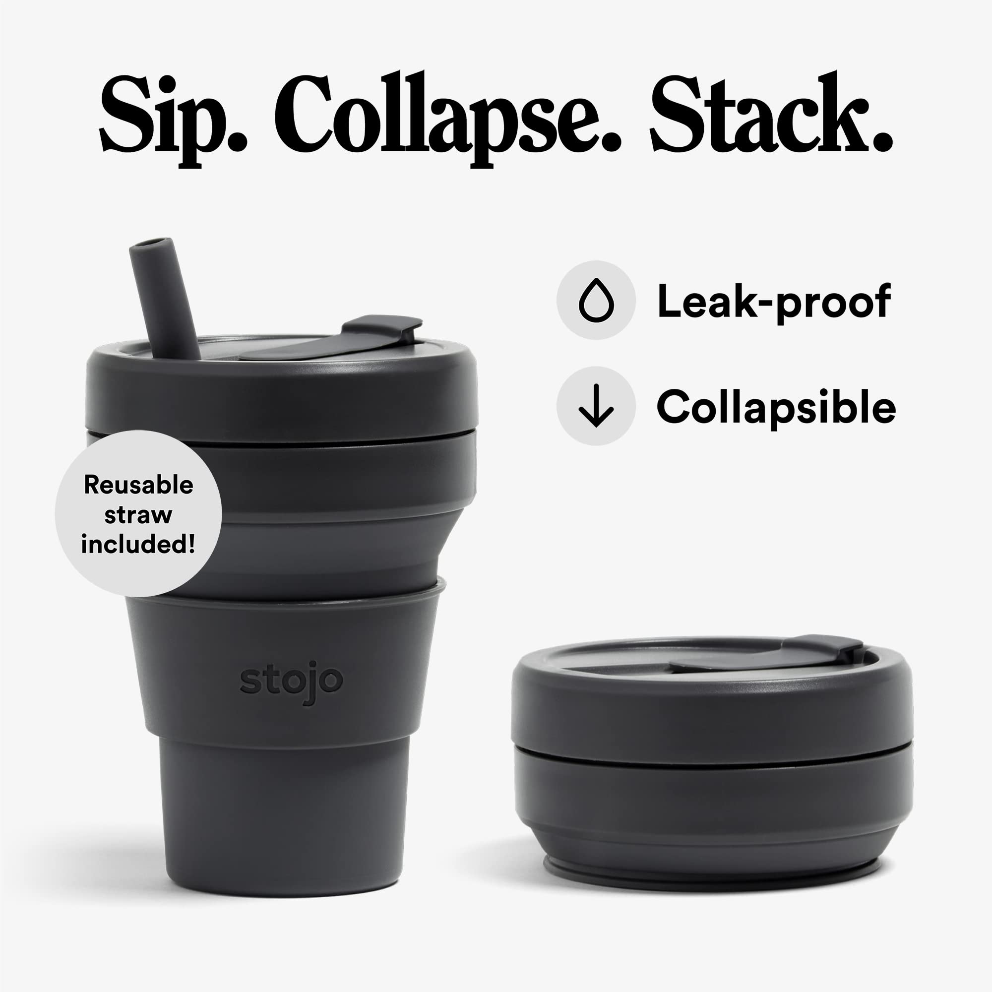 Stojo Collapsible Travel Cup With Straw - Carbon, 16Oz / 470Ml - Reusable To-Go Pocket Size Silicone Bottle For Hot And Cold Dri
